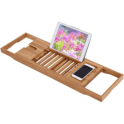 China Viable Bamboo Tub Tray Extending Arms, Reinforced Frame, Bath Organizer, Book and Drink Holder for sale