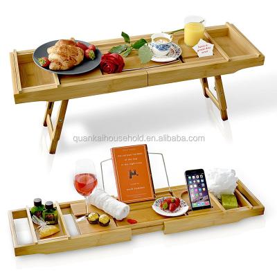 China Viable 2 in 1 Multifunctional Bamboo Bathtub Caddy Bath Cart and Laptop Bed Desk Bed Tray for sale