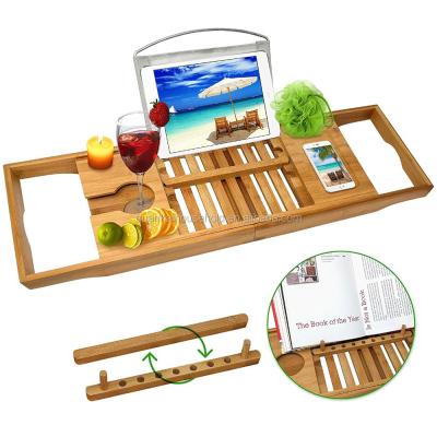 China 100% Sustainable Solid Natural Bamboo Tub Caddy Bath Caddy Bathtub Tray With Extending Arms for sale