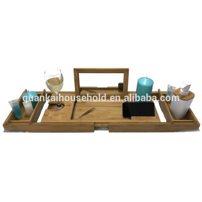 China Sustainable Natural Bamboo Tub Caddy with Mirror, Wine, Tablet and Phone Holder for sale