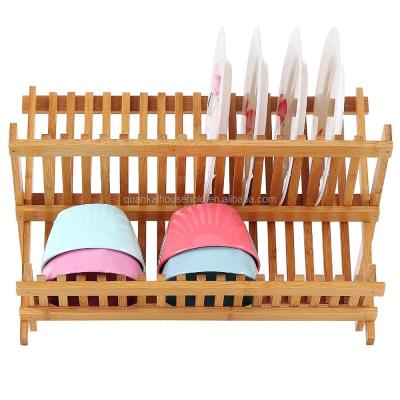 China Bamboo Folding Bamboo 2 Tiers Dish Rack Dish Drying Rack for sale