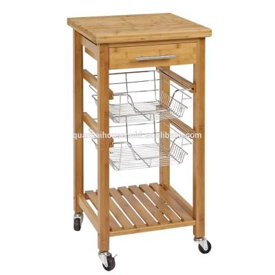 China Sustainable Bamboo Kitchen Cart With Slide-Out Wire Storage Baskets for sale