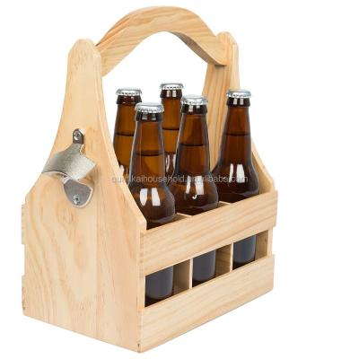 China Sustainable Wooden Cart Beer Carrier With Bottle Opener And Removable Inserts Bamboo 6 Pack Beer Carrier for sale