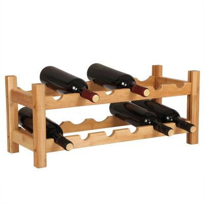 China Sustainable 12 Bottle Kitchen Wine Display Rack 100% Natural Bamboo, Free Standing 2-Tier Bottle Storage Shelf For Bar Cellar Basement for sale