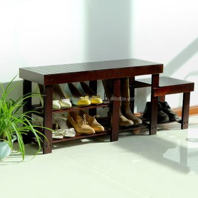 China Modern High-Low-Seat 2-Tier Entryway Shoe Bench w Boot Storage Brown Wood for sale