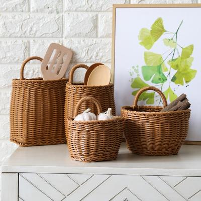 China Eco-friendly Imitation Plastic Woven Plastic Kitchen Utensils Wall Hanging Basket Household Rattan Woven Items For Gargle Wash Hanging Basket for sale