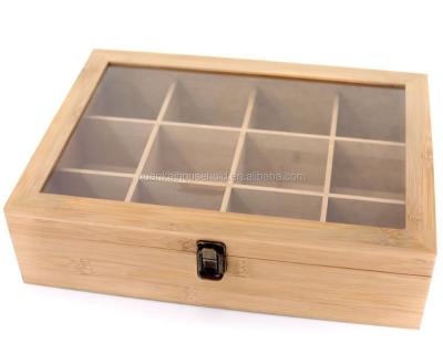 China Viable natural bamboo tea box with 12 large compartments and acrylic window for sale