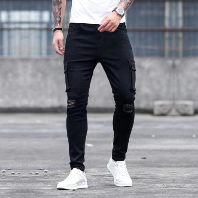 China Customized Pocket QUICK DRY Jean Pants Straight Casual Stretch Knee Ripped Tape Patch Scuff Wash Color Denim Men Jeans for sale