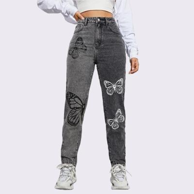 China Wholesale Women's Jeans Breathable High Waist Butterfly Printing Casual Fashion Washed Hot Selling Straight Jeans for sale