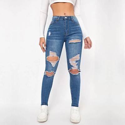 China Breathable Custom Colors Stretch Ripped Washed High Rise Jeans Pop Up Waist Women's Pants High Waist Women's Jeans for sale