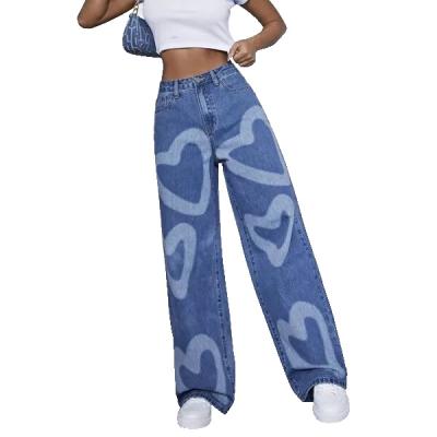 China Breathable High Waist Heart Print Washed Vintage Wide Leg Jeans High Quality Loose Straight Jeans for sale