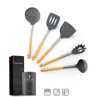 China Sustainable Wholesale Food Grade Cooking Tools Non-Stick Silicone Kitchenware 6 Pieces Sets With Wooden Handle for sale