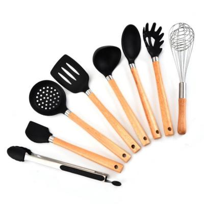 China Sustainable 9 Pcs Custom Silicon Cooking Kitchen Utensils Silicone Cookware Set Kitchenware With Wooden Handle for sale