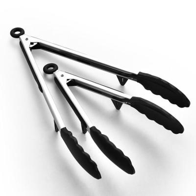 China Sustainable Food Grade 304 Stainless Steel Handle Silicone Locking Food Clip 2 Piece Set Cooking BBQ Grill Salad Tongs for sale