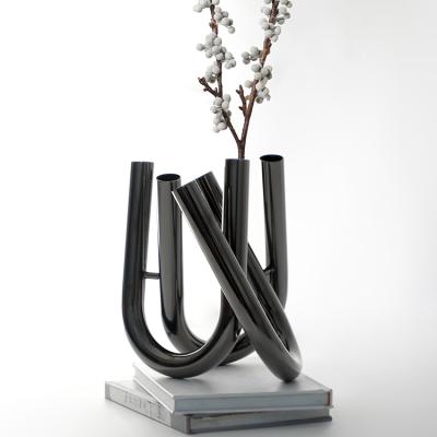 China Europe Customized Modern Black Color Metal Unique Shaped Decorative Flower Vases Stainless Steel Home Decor for sale