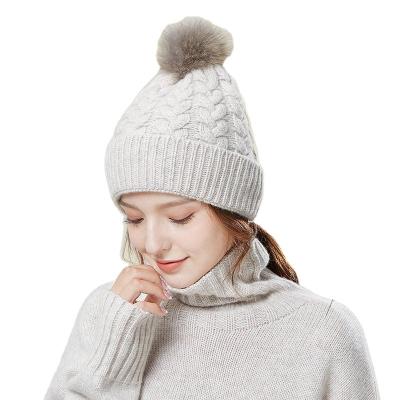 China COMMON Cable Knitted Beanie Hat Custom Women Plain Adult Slouchy Wool Winter Hat Fur Pompom Solid Color Knitted for sale