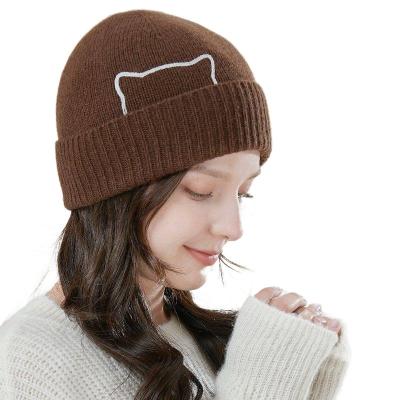 China Adult Beanie Hat Custom Women Winter Merino Wool Knitted Beanie Cap Making COMMON Cat Embroidery Knitted Beanie Hat for sale