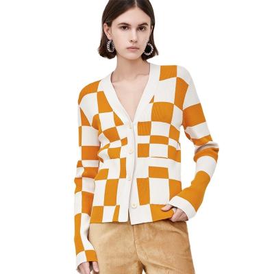 China Wholesale patchwork anti-pilling checked ladies long sleeve 100% pure wool casual light women cardigan sweater women autumn for sale