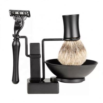 China Barber Shaving Kit Clean Pro Bathroom Face Set Metal Holder Stand Holder Set +Brush Safety Razor Cup Holder + Soap Cup Bowl Black for sale