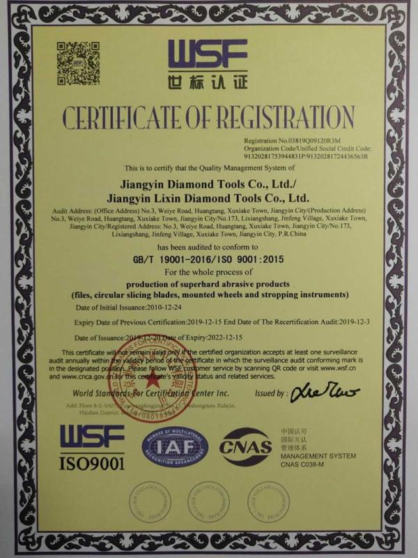 ISO9001 - Jiangyin Diamond Tools Ltd., Co.