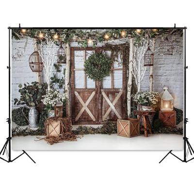 China Seamless Rustic Wooden Door Backdrops Green Brown Family Holiday Birthday Party Garland Photo Props Background for sale