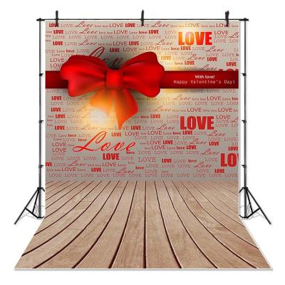 China Seamless red bow romantic love photography backdrop for lover valentine's day wooden floor photo studio background for sale