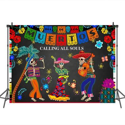 China Seamless Mexican Day of the Dead Theme Party Decoration Background Blackboard Bone Man Photography Backdrop for sale