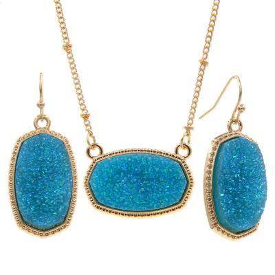 China TRENDY 2023 Fashion Luxury Designer Resin Gemstone Oval Hexagon Druzy Drusy Elisa Pendant Necklace Earrings Jewelry Set for Women Girls for sale