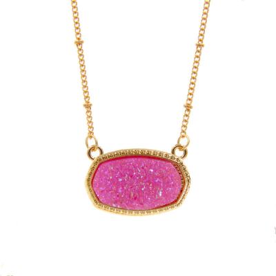 China TRENDY Fashion Gold Bead Chain Druzy Hexagon Necklaces Luxury Designer Brand Crystal Resin Oval Druzy Pendant Necklace  for Women Girls for sale