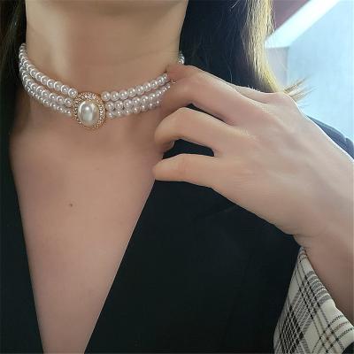 China TRENDY Luxury Jewelry Vintage Three-layer  Elegant Vintage Women's Collar Gold Chain Diamond Necklace Chain Pearl Chokers Women Girls for sale