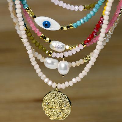 China Trendy Beach Jewelry Gold Bead Bohemian Boho Stacking Natural Freshwater Pearl Colorful Lucky Evil Eye Choker Necklace Beaded for sale