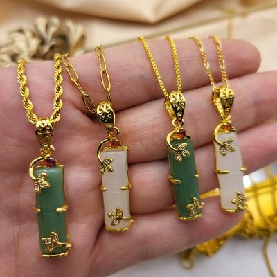 China Trendy Statement Fashion Waterproof 18K Gold Plated Jewelry Stainless Steel Zircon Natutal Jade Bamboo Pendant Necklaces For Women for sale