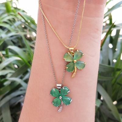 China Fashion Lucky Woman TREND Jewelry 18K Gold Plated Beautiful Green Jade Crystal Four Leaf Clover Pendant Necklace For Women Girls for sale