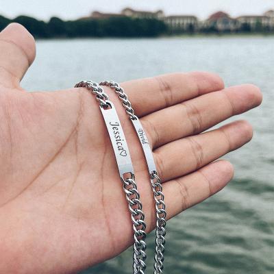 China FASHIONABLE Custom Engravable Stainless Steel Engrave Name Plate Silver Gold Cuban Link White Chain Bar Couple Bracelets Jewelry Gift for sale