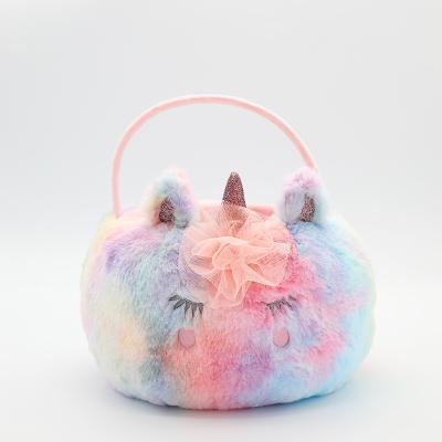 China Plush Easter Basket Stuffed Animal Shape Color Unicorn Basket For Kids Children Candy Basket for sale