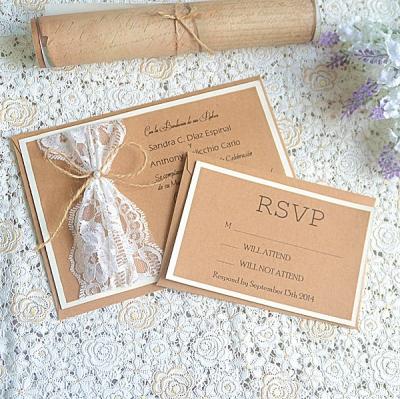 China Europe Vintage Kraft Paper Wedding Invitations Lace Bow Personalized Stationery Brown for sale