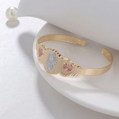 China Virgin 14K Mary Bracelet Bangles Gifts Pulsera de la Virgen de Guadalupe Open Cuff Bangle Tricolor Gold Plated Religious Vintage Jewelry for sale