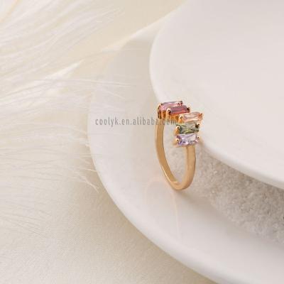 China Environmental Friendly Real 18k Gold Plated Colorful CZ Crystal Finger Ring Rainbow Baguette Zircon Glitter Rings for sale