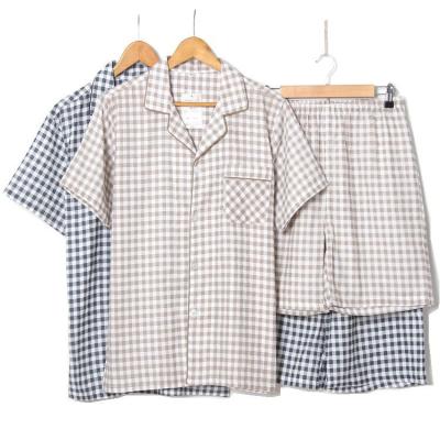 China QUICK DRY men's cotton double gauze pajamas; men's short sleeve shorts suit; latticework pajamas plus size home service pajamas suit for sale