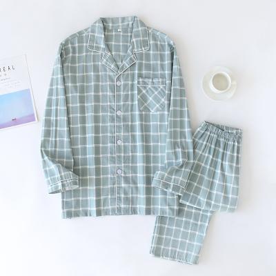 China QUICK DRY Cotton Plaid Pajamas Men And Women Couples Slim Home Clothes Long Slouchy Pants Fit Lapel Lounge Wear Two-Piece Set Spring for sale