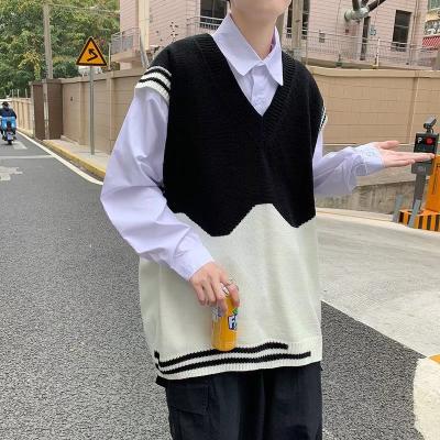 China Spring Autumn Sweater Vest Korean Style Trend Viable V-Neck Pullover Invest Casual Loose Color Matching Knitted Male Vest for sale