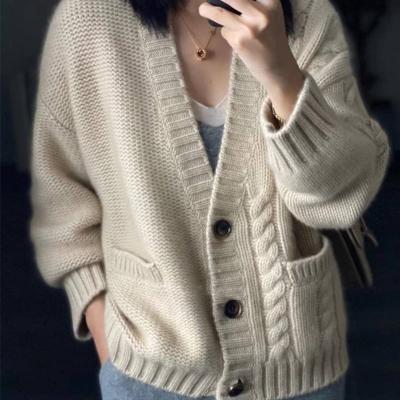 China New Waterproof Pure Cashmere Knit Cardigan Fashion Thick Loose Sweater Winter Women' s 100%Wool V-Neck Plus Size Jacket High End Coat for sale