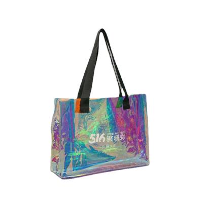 China PVC Customized Multifunctional Logo Webbing Handle Transparent Laser Tote Shopping Bag for sale