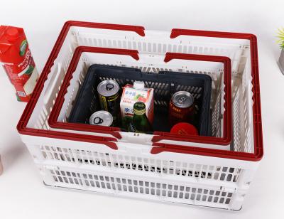 China Sustainable Wholesale Fruit Vegetable Storage Crate Stackable Plastic Supermarket Shopping Folding Basket With Handle for sale