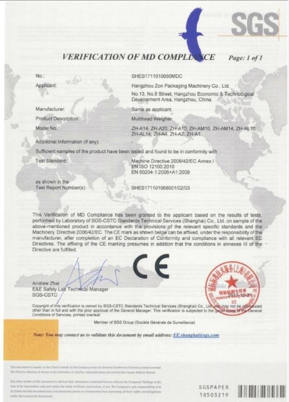 CE Certificate - Hangzhou Zon Packaging Machinery Co.,Ltd