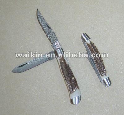 China Non-variable Deluxe Custom Double Blade Damascus Steel Folding Utility Pocket Knife with OX Horn Handle for sale