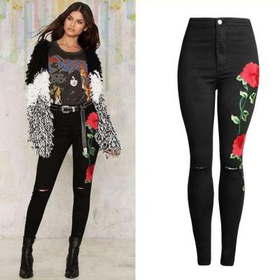 China New Arrival QUICK DRY Fashional Embroidered High Waist Floral Skinny Womens Jeans for sale