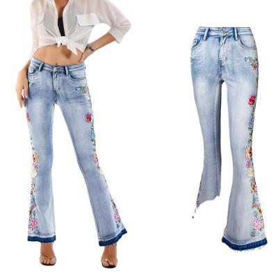 China Wholesale Custom QUICK DRY Denim Pants Stretch Skinny Embroidered Wide Leg Women's Denim Jeans for sale