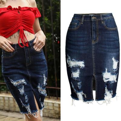 China New Anti-Static Hot Selling Custom Washed Ripped Skirt Women's Denim Tassel Skirt for sale