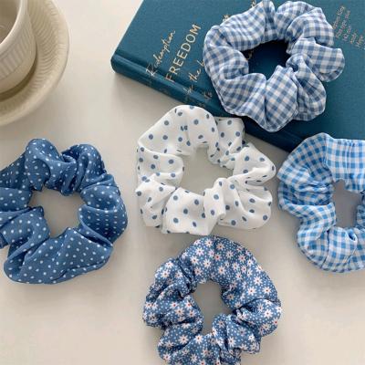 China Anti-wrinkle plaid large intestine blue hair circle girl contracted soft head rope hair rope temperament wave point flower elastic band broken link for sale